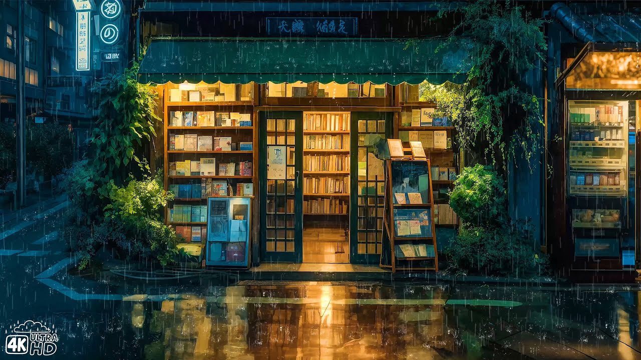 Japanese Bookstore Ambience 📖 Lofi Rainy Night To Escape Into Books & Peace 📖 Pluviophile Lofi Songs