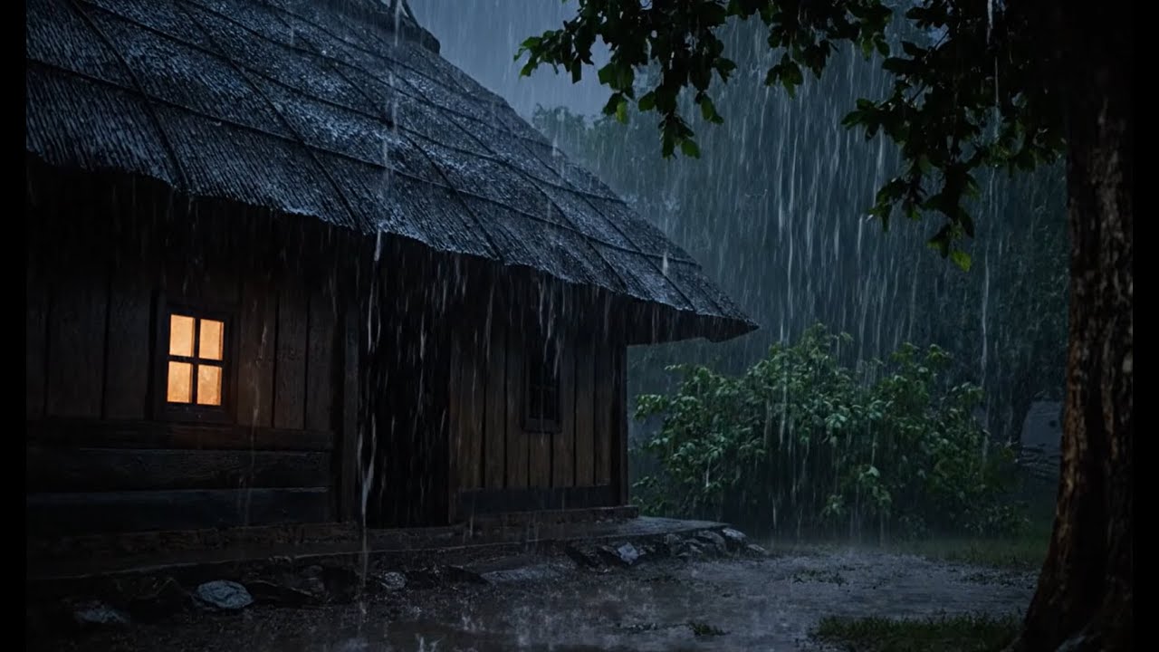 Heavy Rain on Thatched Roof Hut at Night - Ultimate Sleeping & Relaxing Ambience