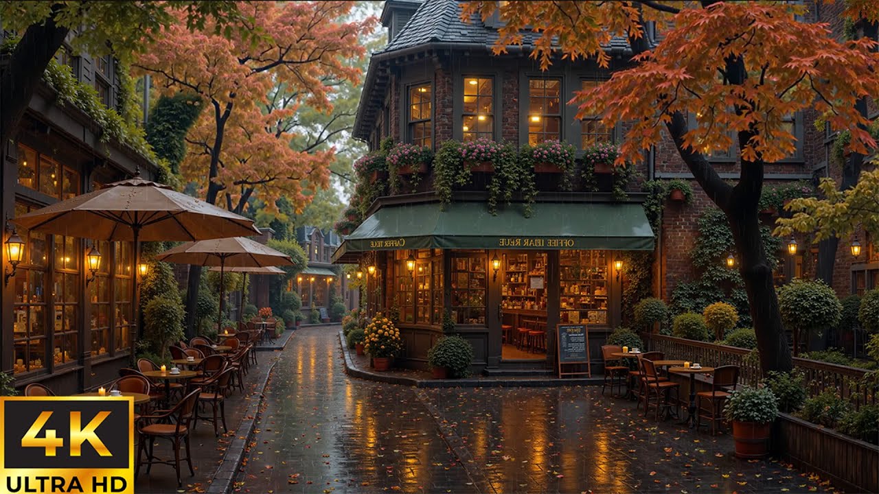 Morning Jazz with Autumn Rain 🍂 Cozy Vintage Café & Quiet Street Ambience for Relaxation & Study ☕
