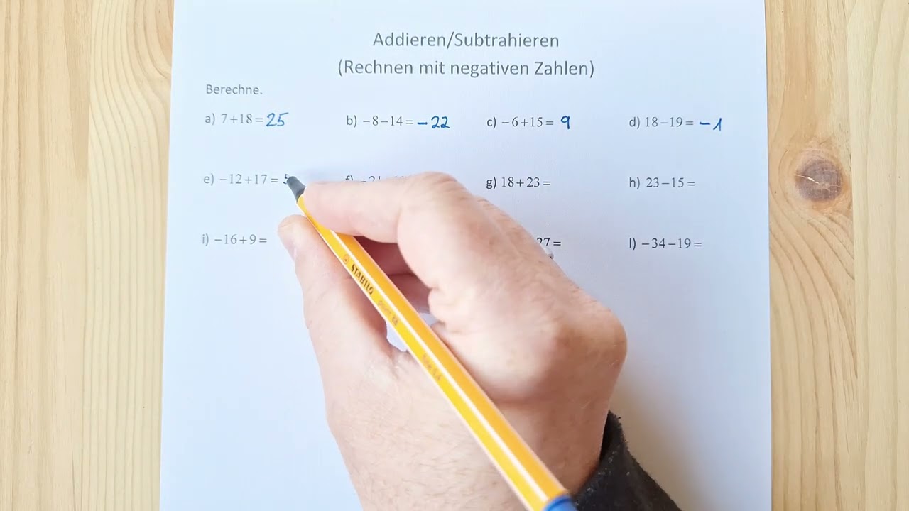 Rechnen mit negativen Zahlen: Addieren/subtrahieren (Ohne Klammer)