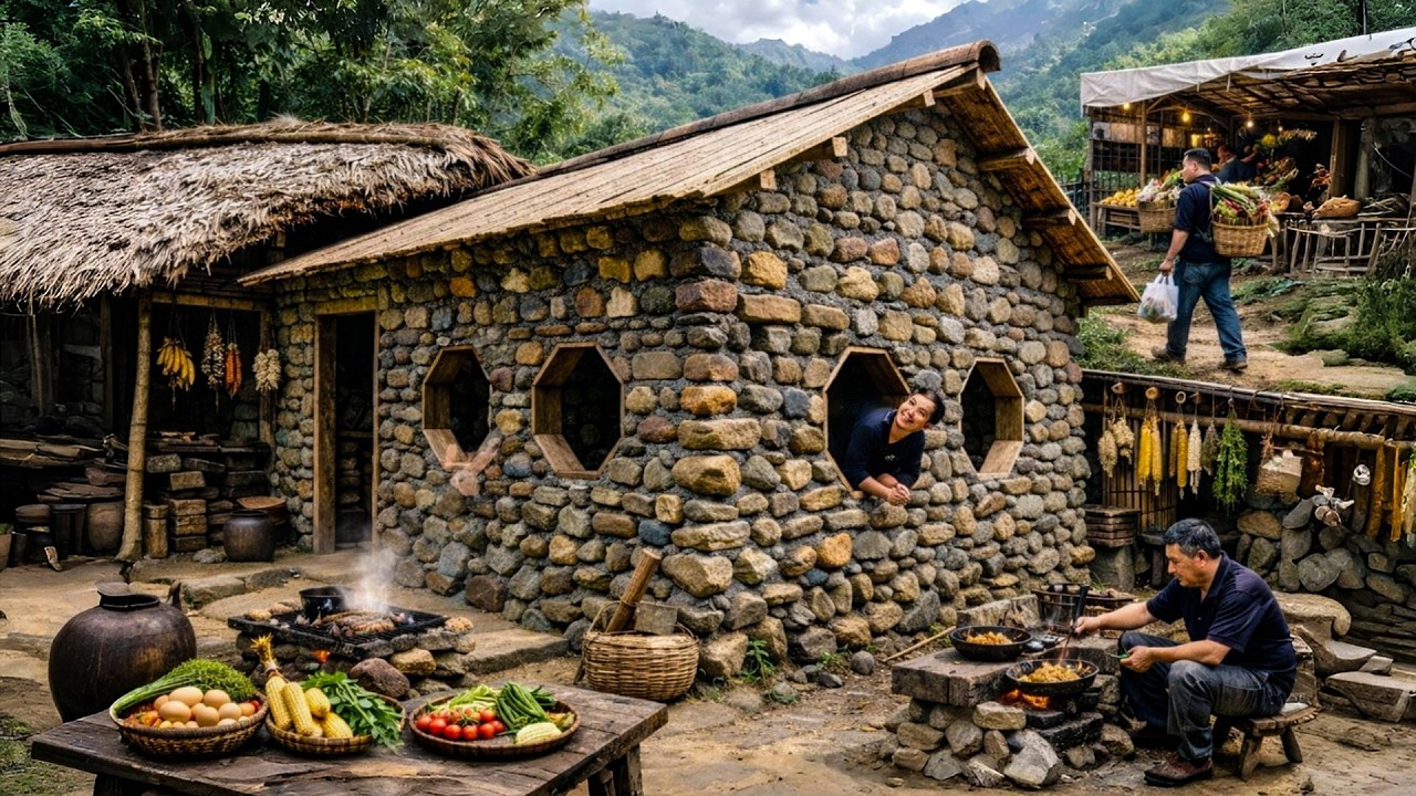 How to build a wooden house with 8000 stones on the mountain, live alone, harvest and cooking