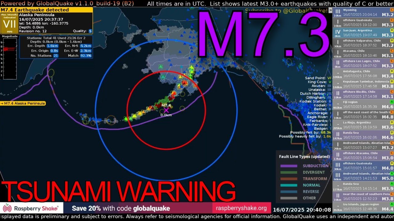Tsunami Warning Issued after Large M7.3 Earthquake Hits Alaska - July 16th, 2025