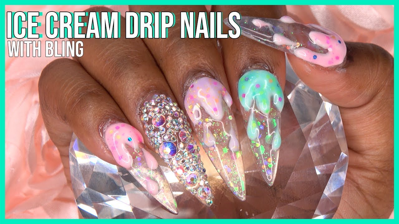 Acrylic Nails Tutorial - How To Encapsulated Nails - 3D Ice Cream Drip Bling Nails - with Nail Tips