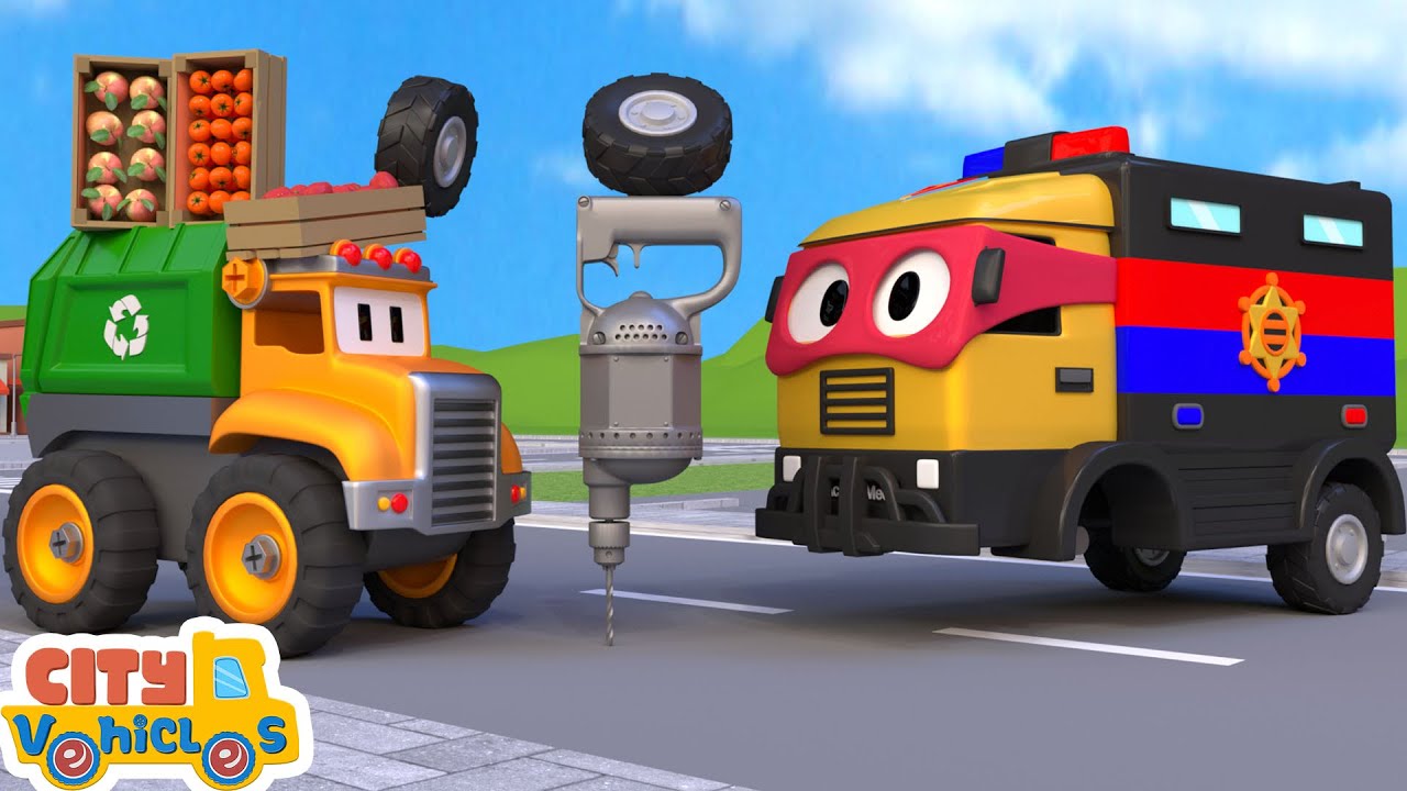 Transformer Team-Super Fire truck put out dumptruck fire- -crane truck and bulldozer for kids.