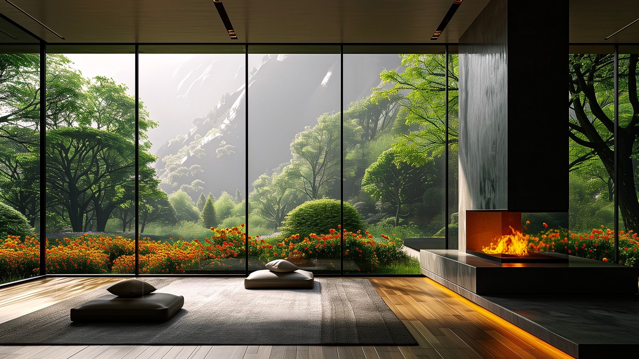 COZY SPRING LOUNGE – Soft Jazz & Fireplace Ambience | Relaxing Evening Music