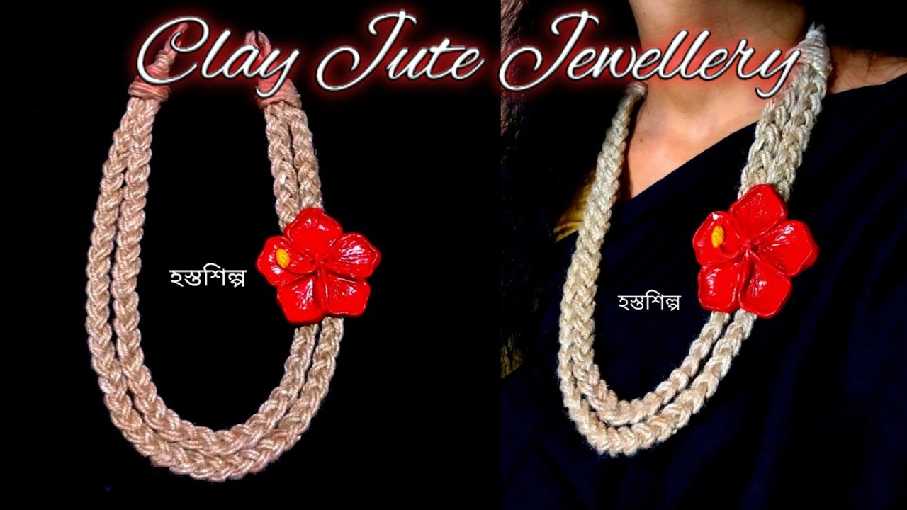 How to make jute & clay Hibiscus rosa sinensis flowers neckpiece making at home for Diwali jewellery