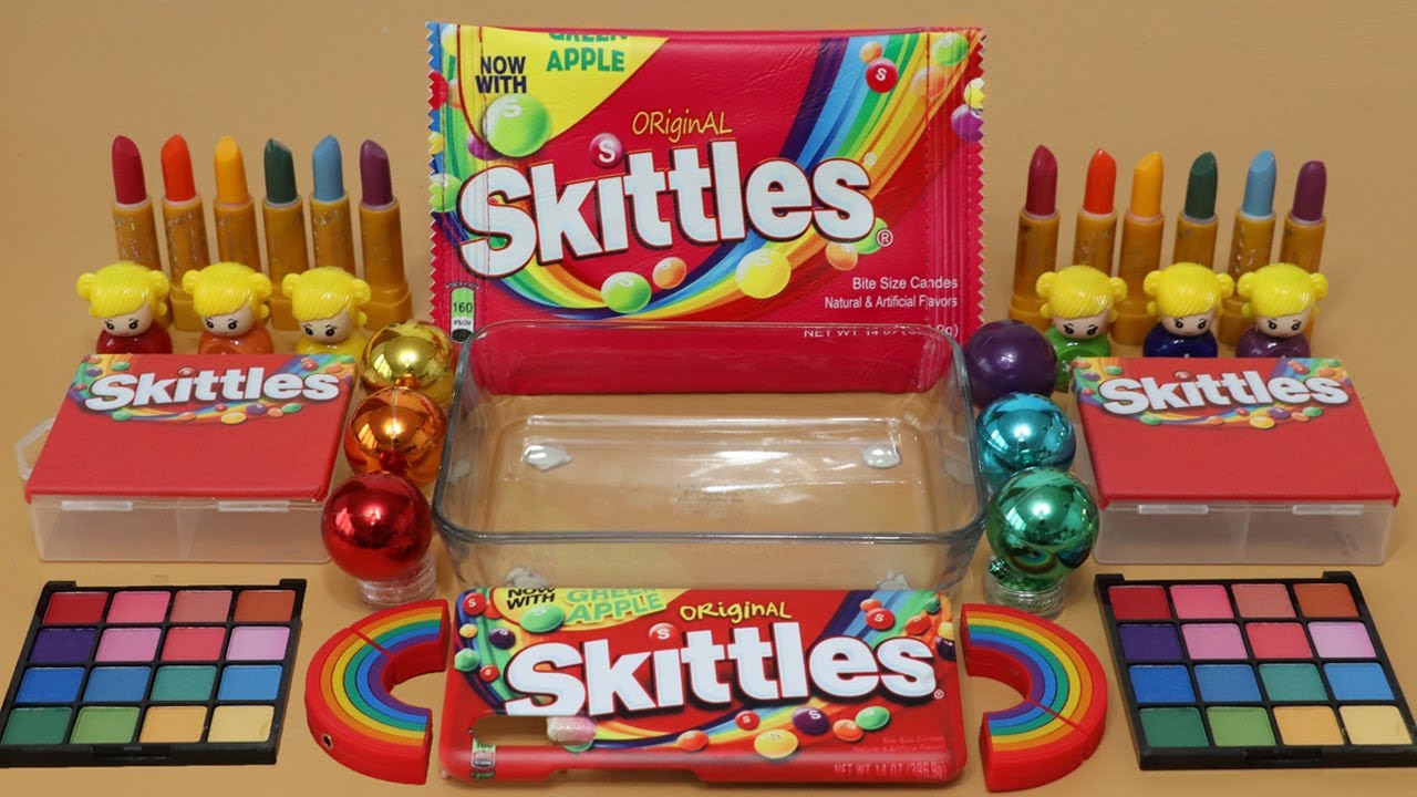 Mixing&rdquo;Skittles&nbsp;&rdquo; Eyeshadow and Makeup,parts,glitter Into Slime!Satisfying Slime Video!★ASMR★
