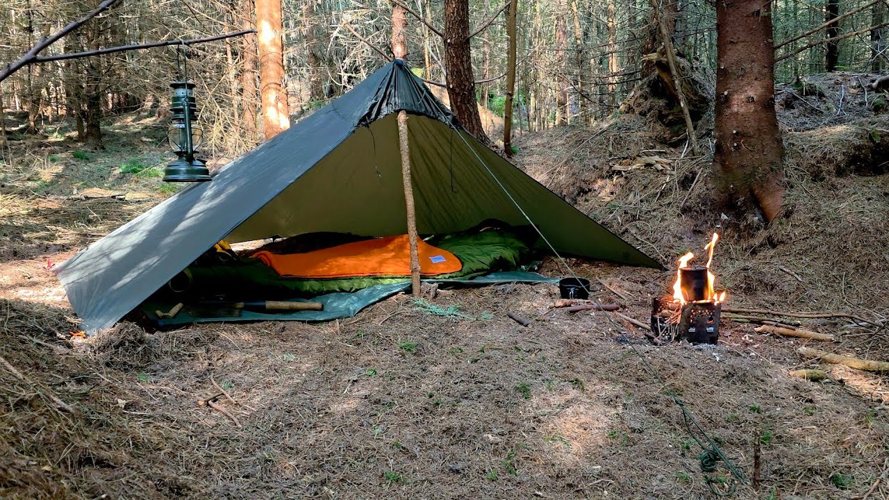 Forest Wild Camping - Using the Solitary Ultralight Cape Shelter and a Wood Stove