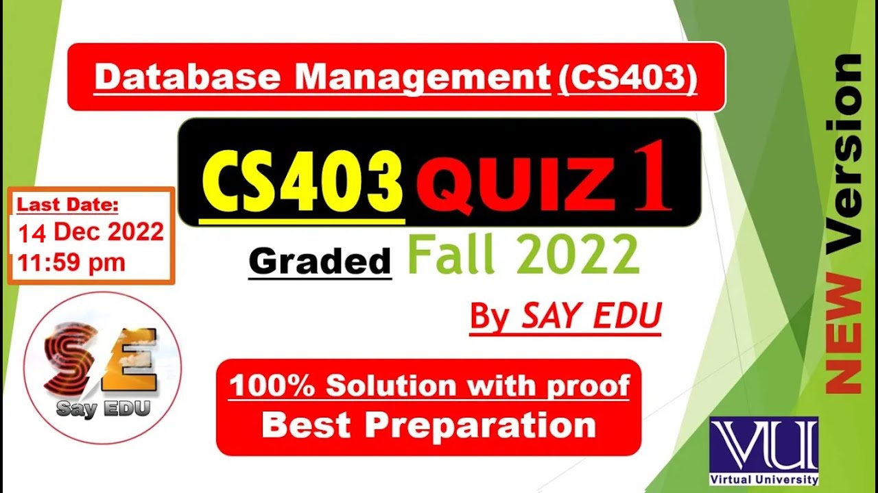 CS403 Quiz 1 Solution (Fall) 2022 || Database Management System || @SAY EDU کہو پڑھو  ❤|| EERD