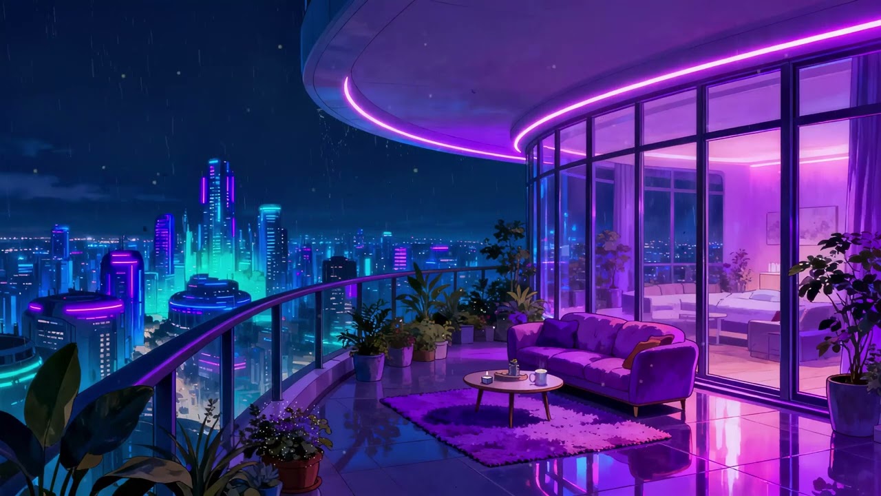 Lofi Rain Above the City 🌃 Curved Balcony & Soft Neon Calm | 4K