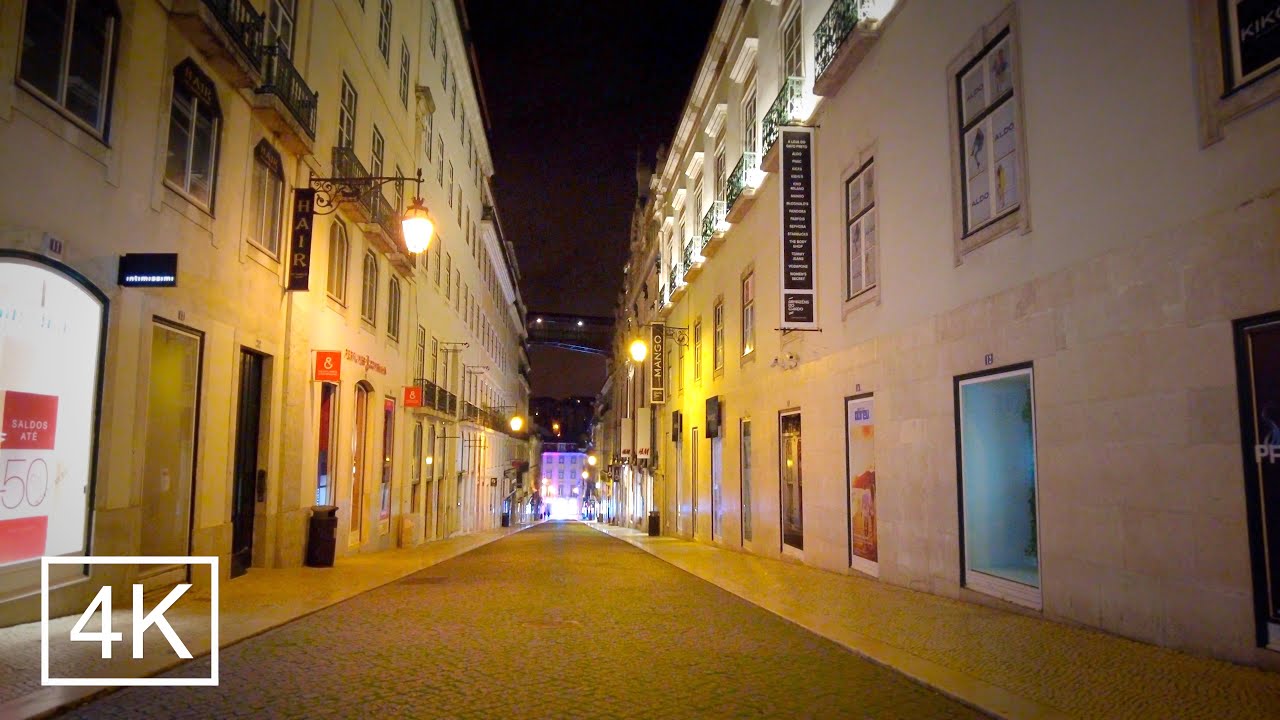 4K LisbonLockdown Night Walk 2021 - Chiado to Rossio - Lockdown Portugal February 2021