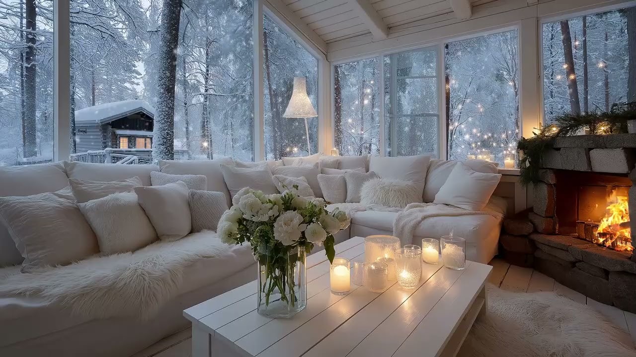 ❄️🎹 Cozy Snow Piano | White Lounge & Gentle Winter Scene | 5 Hours  Sleep Relax Meditation Focus