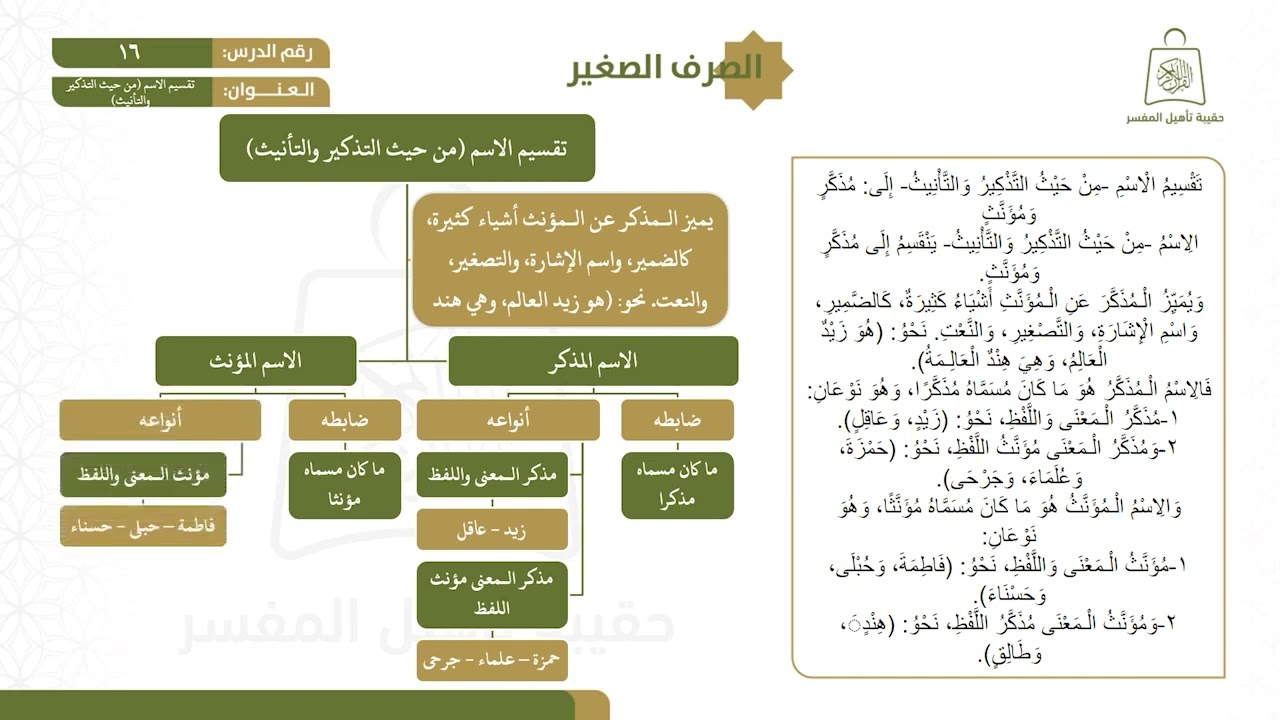 ١٦ تقسيم الاسم من حيث التذكير والتأنيث