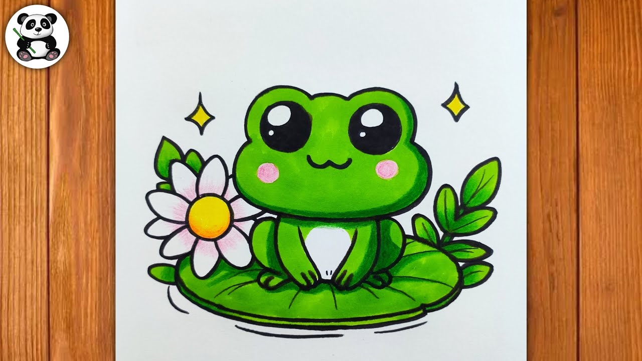 Cute frog sitting on big leaf drawing and colouring | cute art | cute drawing ​⁠​⁠