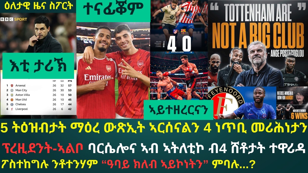 1ይ ዕለታዊ ዜና ስፖርት ዓርቢ 13 ለካቲት 2026፦ ኣርሰናል ኣብ ብሬንትፎርድ 2 ነጥቢ ካብ ዝኸሰረቶ 5 ትዕዝብቲ // ባርሴሎና ኣብ ኣትለቲኮ ጥሒላ