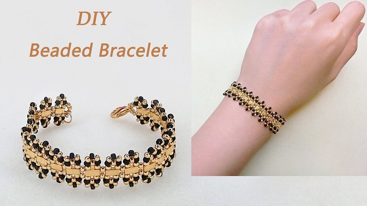 DIY Stylish Beaded Bracelet with Miyuki Half Tila beads, Gold and Jet Black Seed Beads 手工制作个性串珠手链