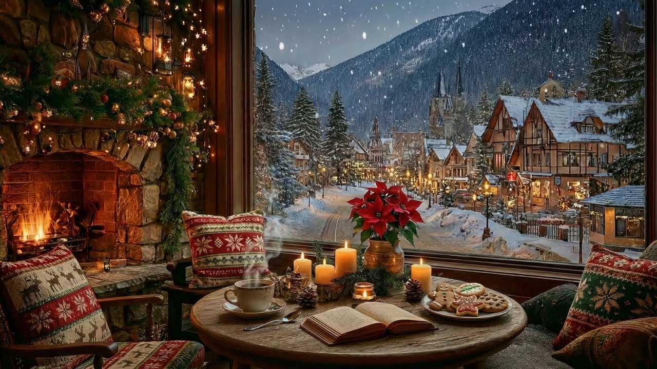 Christmas Village Jazz🎄Cozy Winter Jazz Café Ambience with Fireplace for Relax, Study, Work