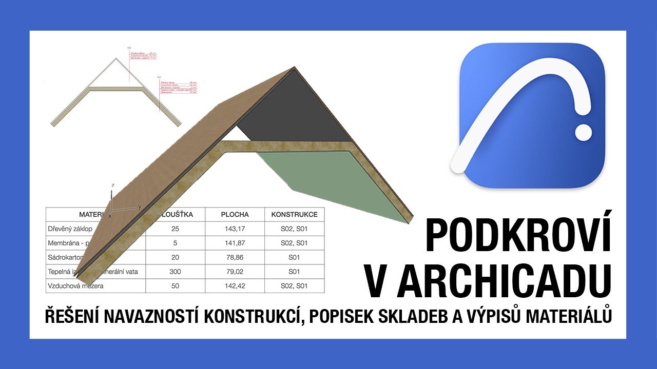 Modelování podkroví v Archicadu – řešení návazností stavebních materiálů, popisek a výpisů