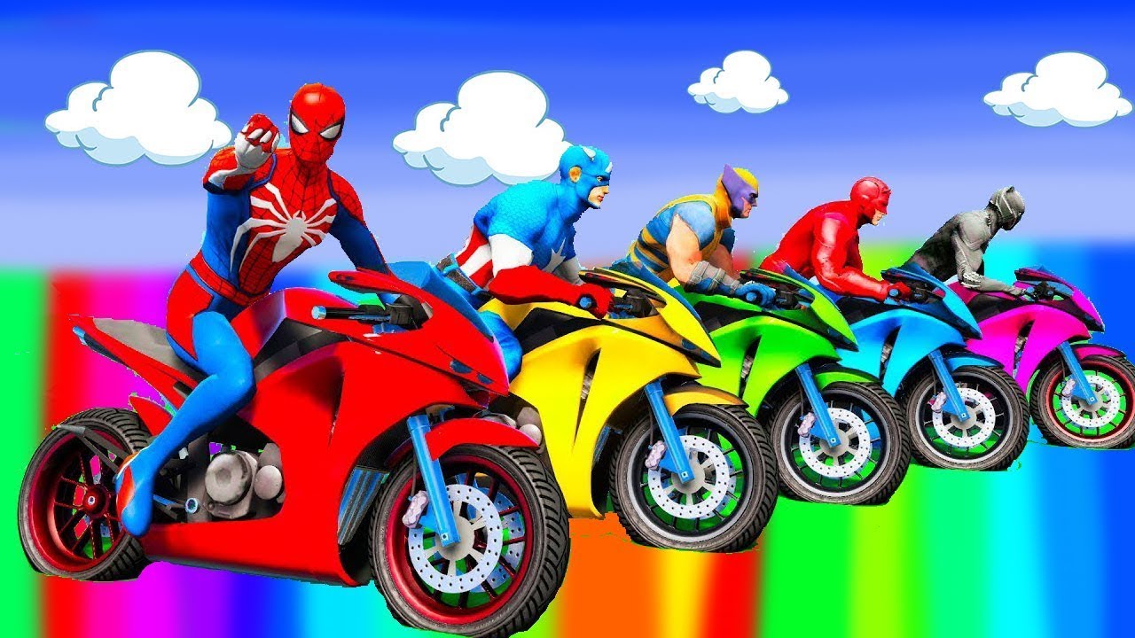 سبايدر مان اصعب دراجة نارية فوق اسماك القرش - Superheroes Ride on Motorcycle Stunt Funny Moments??