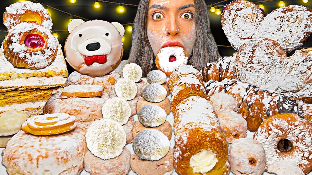 ASMR POWDERED JELLY DONUTS, CREAM PASTRIES, CHOCOLATE CROISSANTS, POLAR BEAR COOKIE EATING MUKBANG먹방
