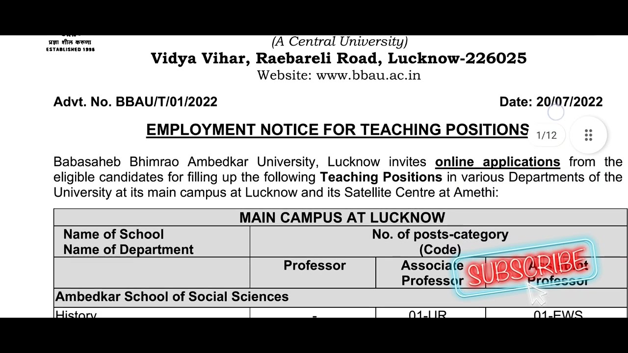 EMPLOYMENT NOTICE FOR TEACHING POSITIONS| BABASAHEB BHIMRAO AMBEDKAR UNIVERSITY| #lucknow_university
