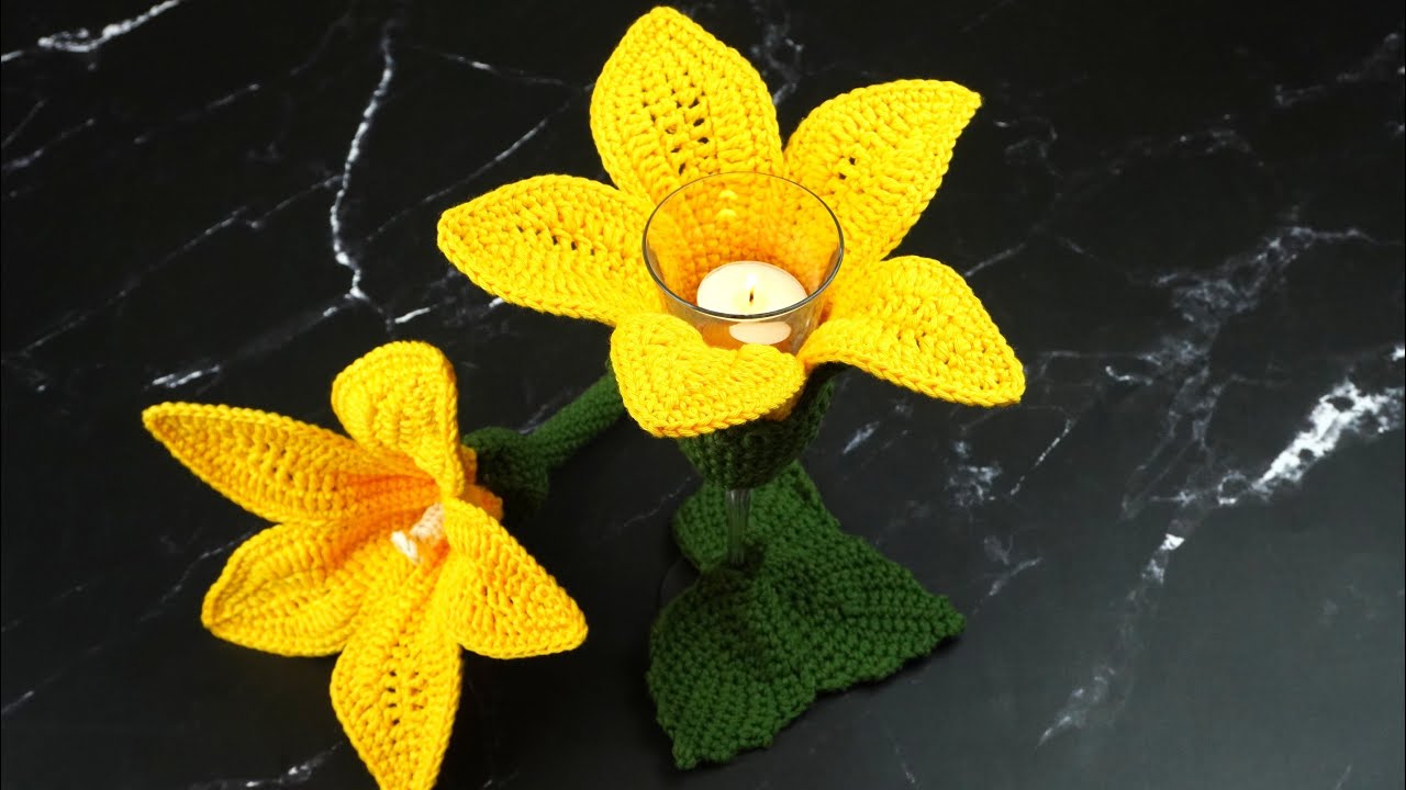 PORTAVELAS FLOR DE CALABAZA DE GANCHILLO