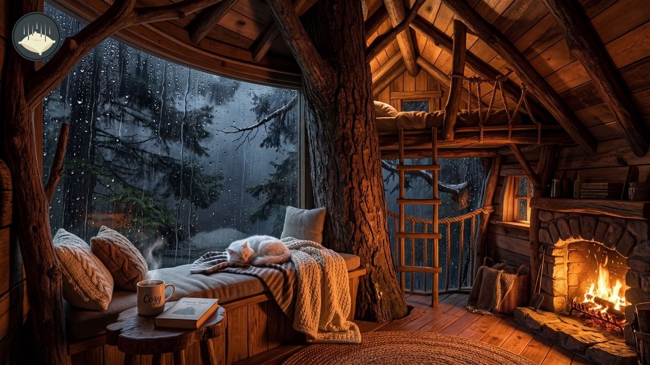 Cozy Treehouse in Rain | Gentle Rain & Campfire Sounds | 10 Hours Deep Sleep Ambience