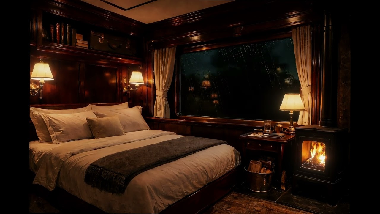 Night Train In The Rain & Cozy Fire | 10 Hours