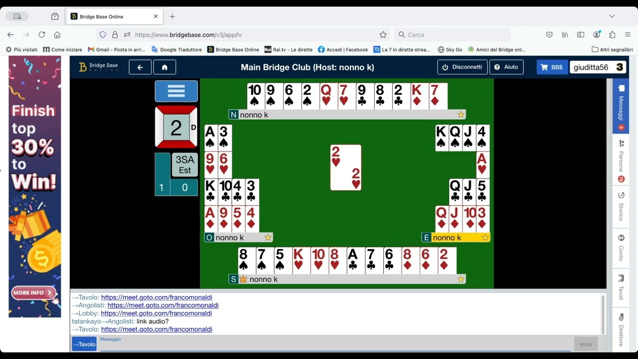 commenti mani giocate lunedi 11 novembre lezioni  a cura di Carlo Totaro - regia rosalba carbonetti