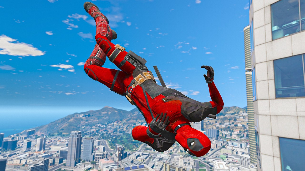 GTA5 Deadpool Mod Gameplay - GTA5 Deadpool Motorcycle Stunt (Euphoria Physics Showcase) EP-2