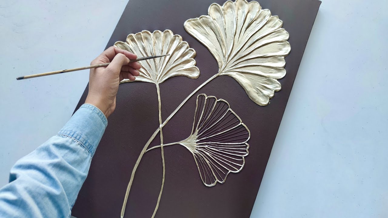 Golden Ginkgo Flower with Texture Paste and Gold Leaf  | DIY Texture Art Tutorial for Beginners