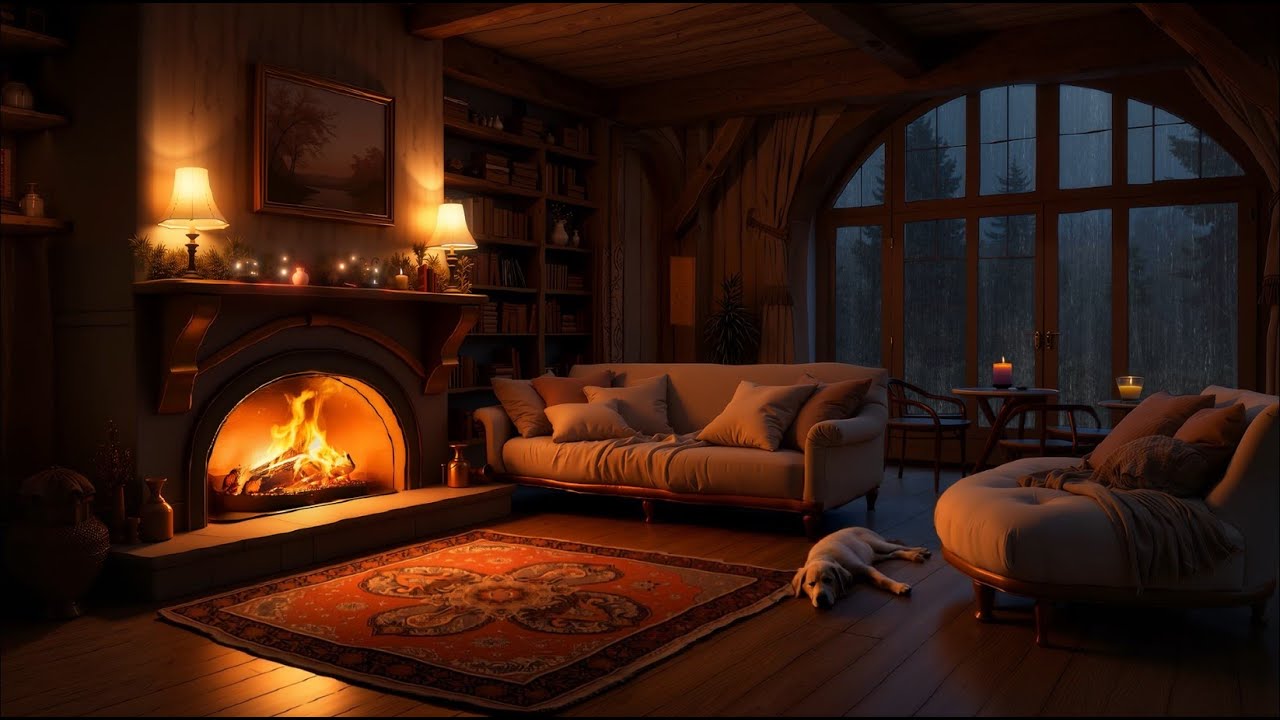 Gentle Night Rain & Crackling Fireplace/ Relieve, Goodbye Stress with Heavy Rain and Thunder