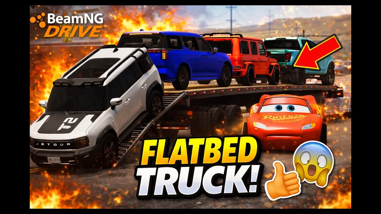 Flatbed Truck Mcqueen | Transportation with Truck - Pothole vs Car #14- BeamNG.Drive