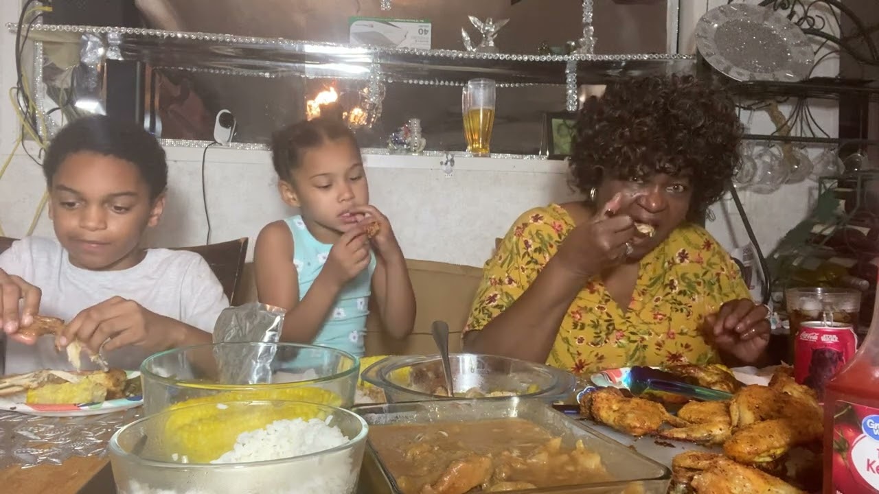 Today we’re eating corn, rice, pork chops with gravy and baked chicken