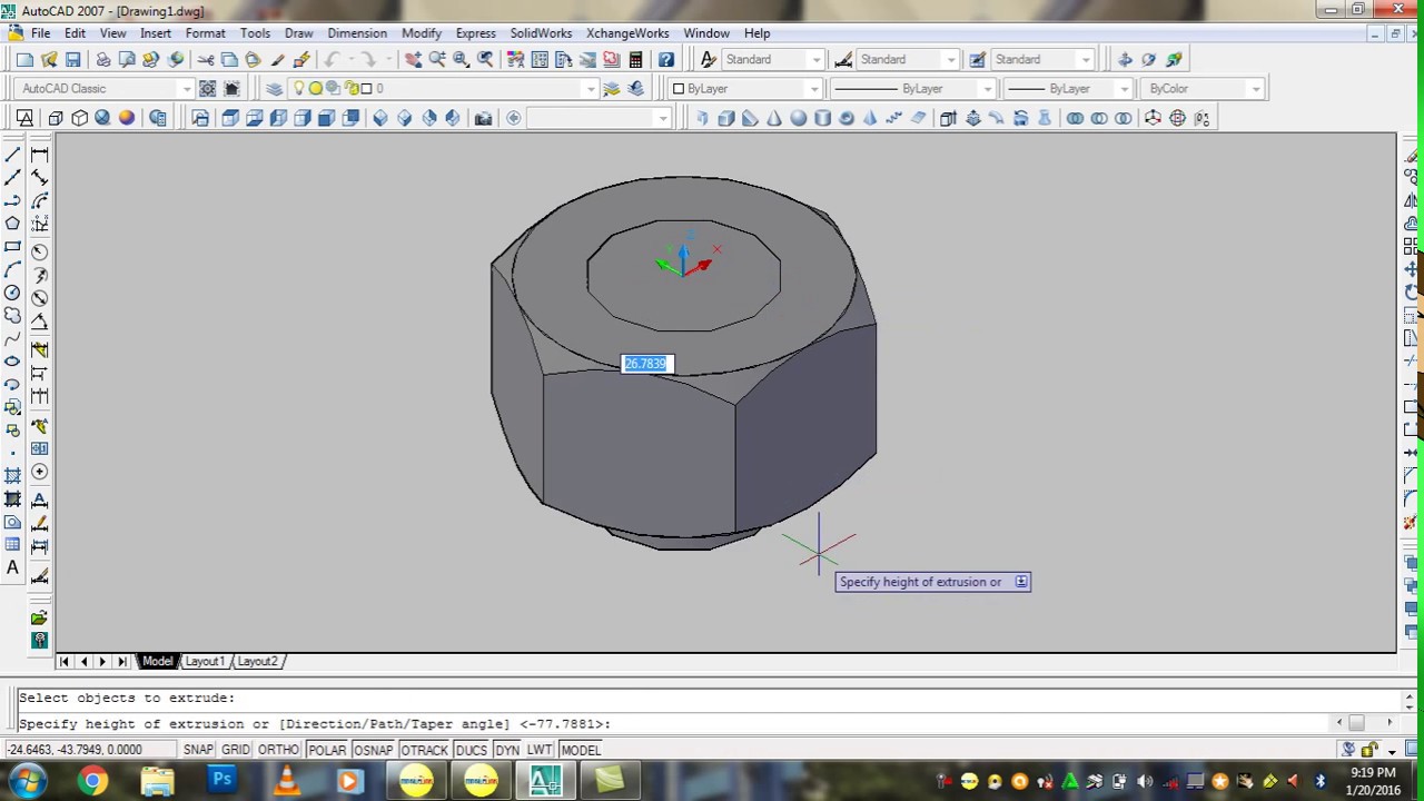 cara membuat mur 3d AutoCAD 2007