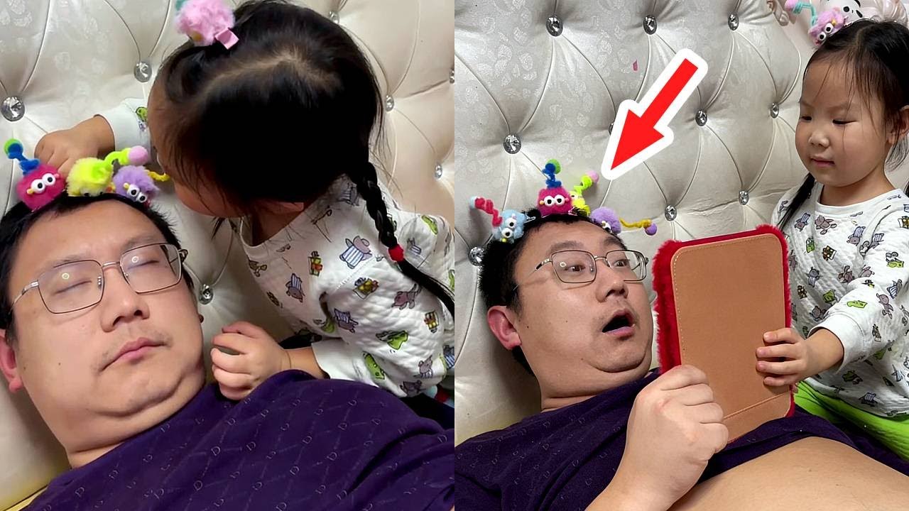 It's so funny to tie a bunch of braids on dad's hair.