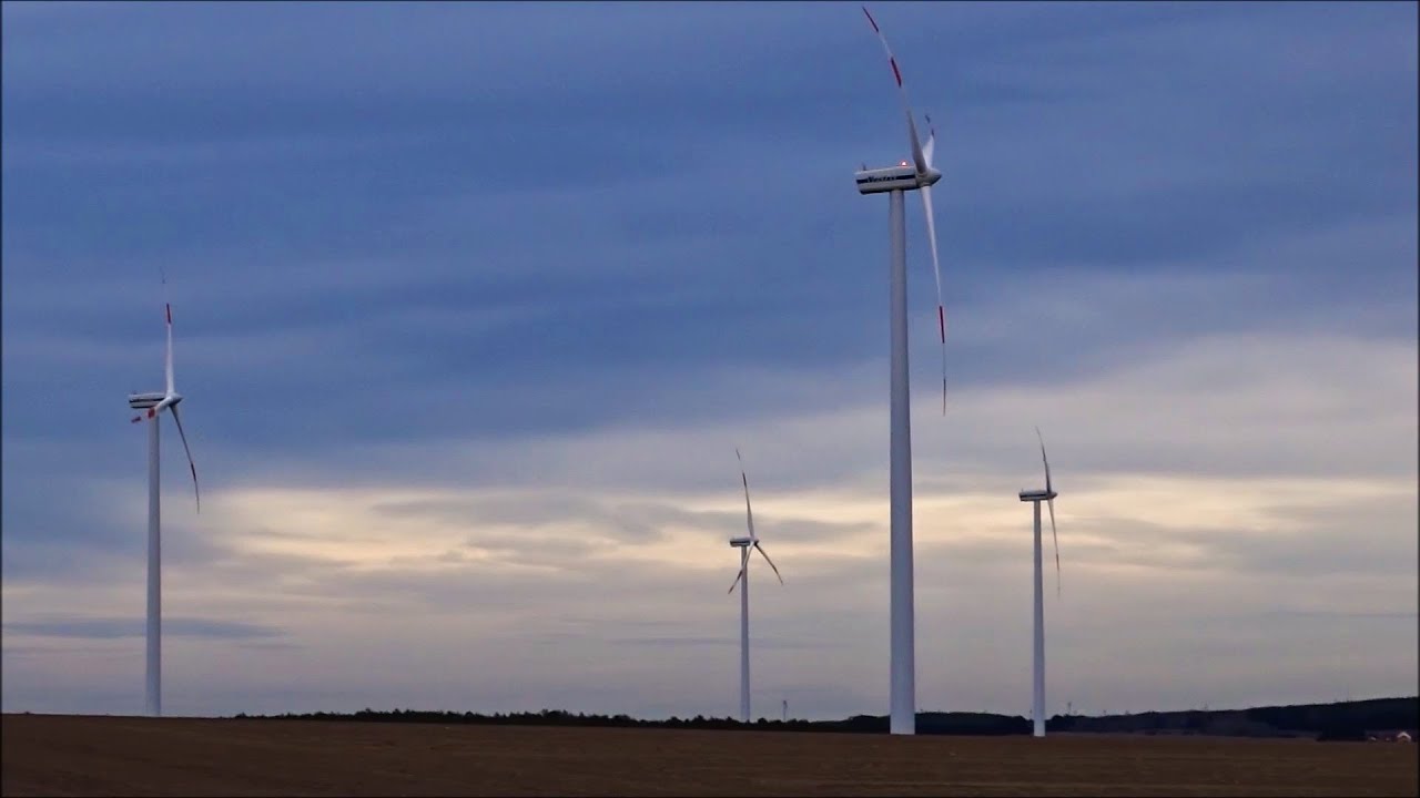 Wind farm Niemegk at storm, Enercon E-40, E-53 and Vestas V80, V90 wind turbines 16.02.2020