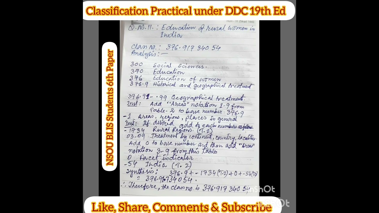 Classification Practical under DDC 19th Ed NSOU BLIS Students 6th Paper 