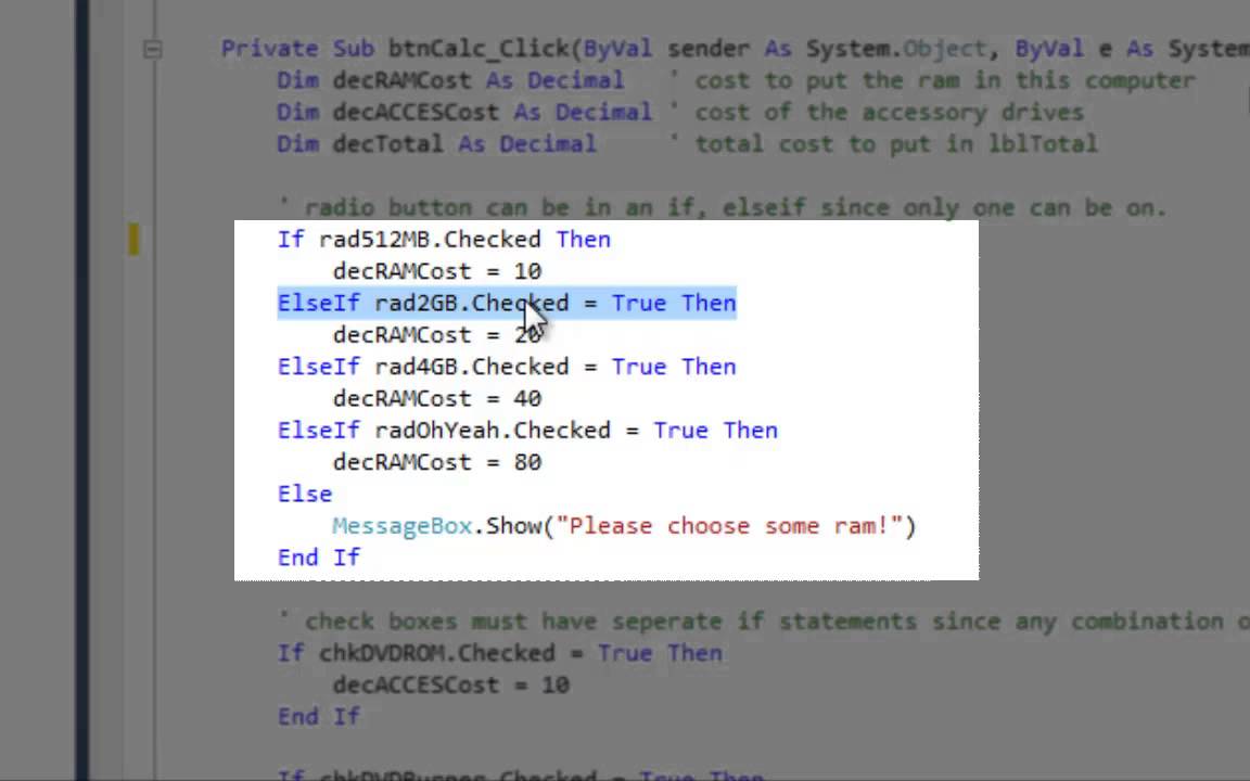 if statements with radio and check boxes