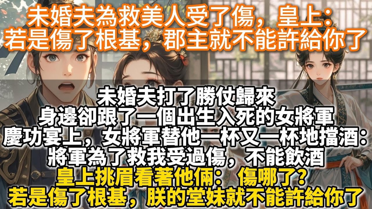 完結爽文：未婚夫為救美人受了傷，皇上：若是傷了根基，郡主就不能許給你了。未婚夫打了勝仗歸來。 身邊卻跟了一個出生入死的女將軍。 慶功宴上，女將軍替他一杯又一杯地擋酒。 將軍為了救我受過傷，不能飲酒。