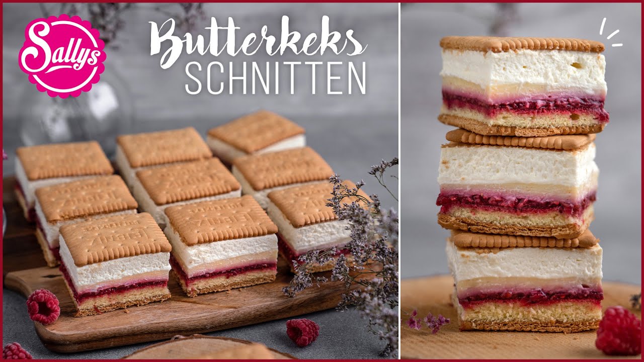 Butterkeks-Schnitte mit Vanillepudding, Fruchtschicht und Sahne / Sallys Welt
