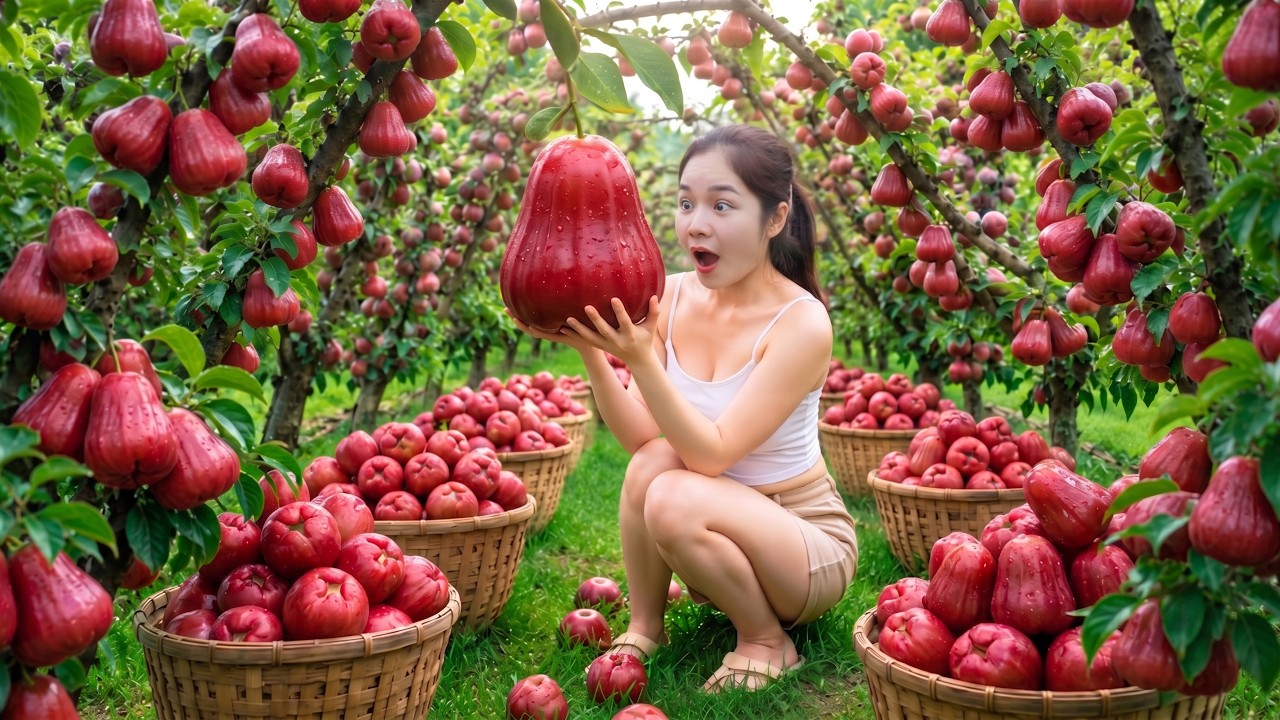 Harvesting +1,000 large, ripe, red fruit from a neighbor's tree to sell at the market.