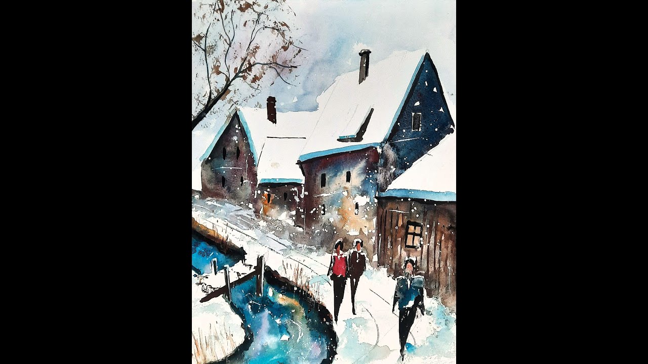 Aquarelltechnik - Lernvideo; Winter im Dorf