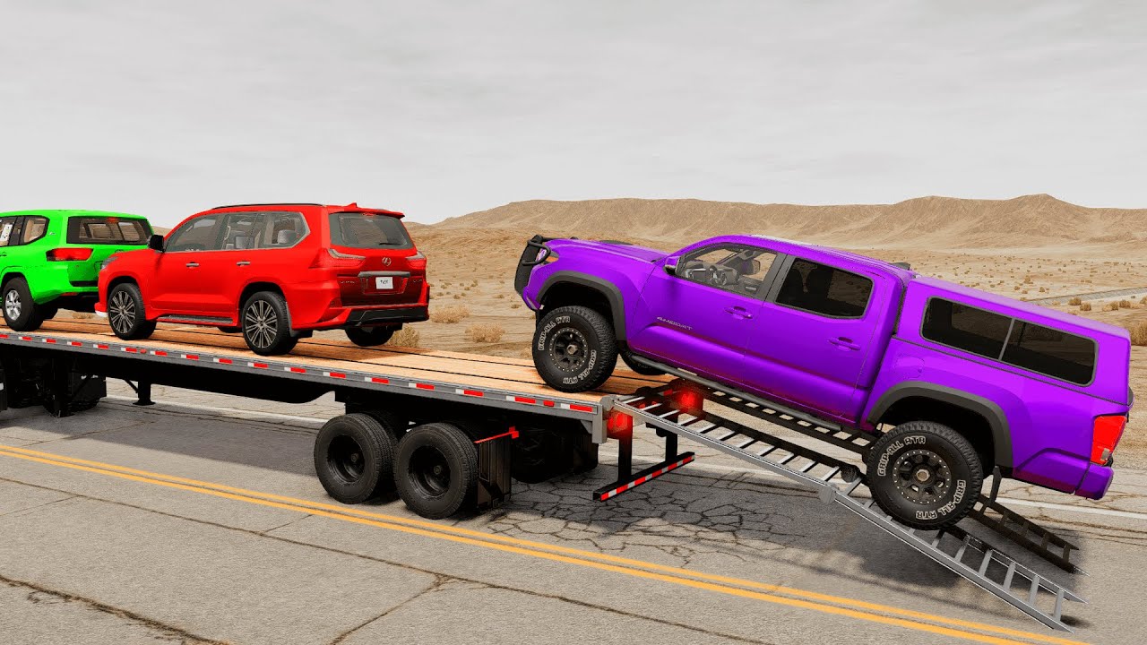 Double Flatbed Truck Mcqueen | Transportation with Truck - Pothole vs Car #12 - BeamNG.drive