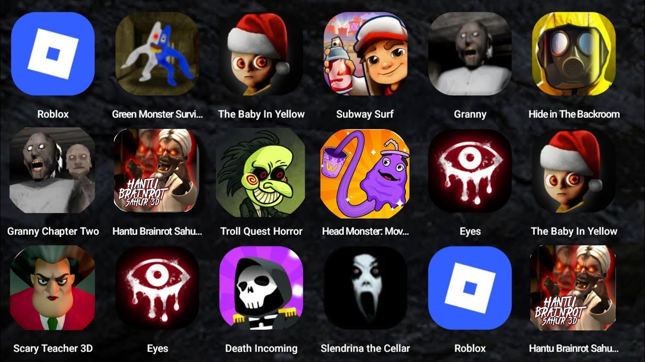 Roblox, Escape The Petshop, Granny, The Baby In Yellow, Eyes, Subway City, Poppy Mobile