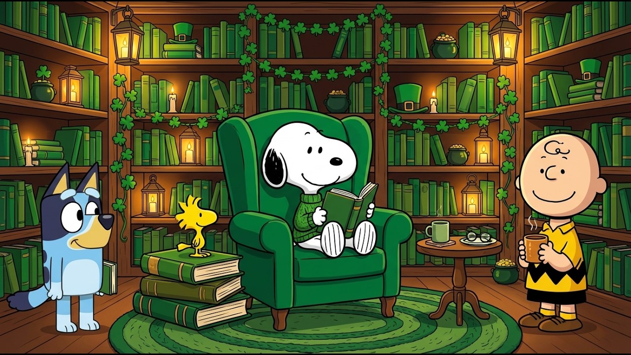 Snoopy & Bluey St. Patrick’s Day Lucky Library 🍀 Chill Jazz Lofi for Study 📚 Green Reading Vibes