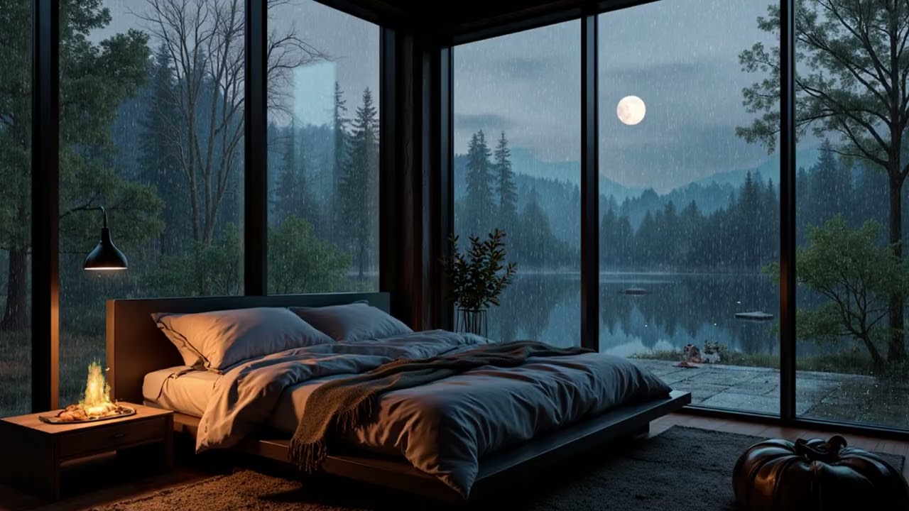Moonlit Lake Rain Piano | Gentle Fireplace Ambience for Deep Restful Sleep