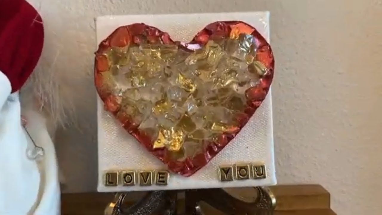 # 152 VALENTINE HEART GLASS & RESIN GEODE, GLASS ON CANVAS BROKEN GLASS ART FIRE GLASS 2023