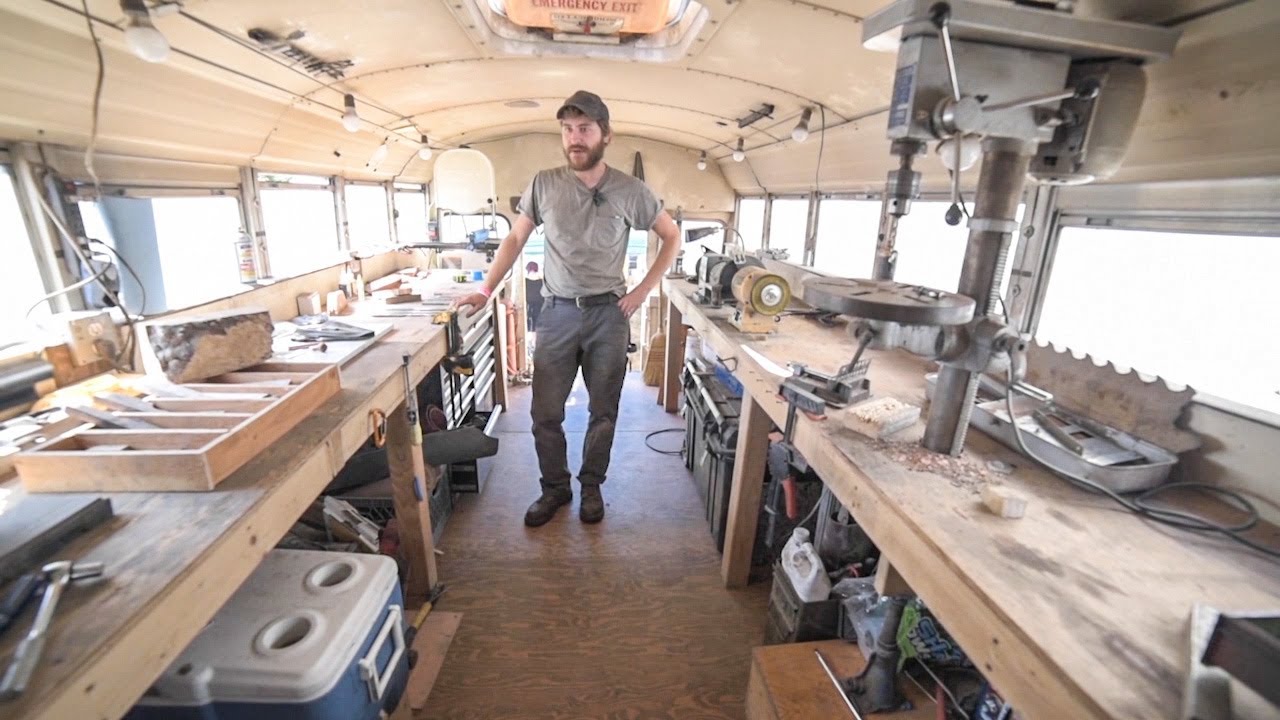 Full Tour - Workshop & Rustic Cabin School Bus Conversion - Mobile Income Workflow Explained