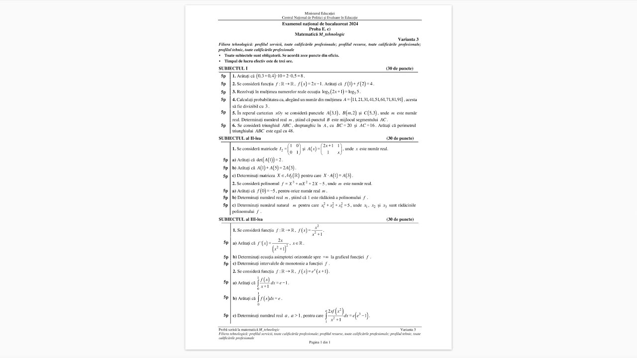 Rezolvarea subiectului de Bacalaureat 2024 (sesiunea din august) - Tehnologic